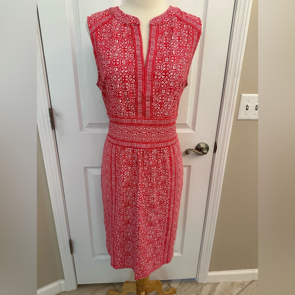 J. McLaughlin Lola Sleeveless Split V-Neck Dress Stretch Coral/White XL